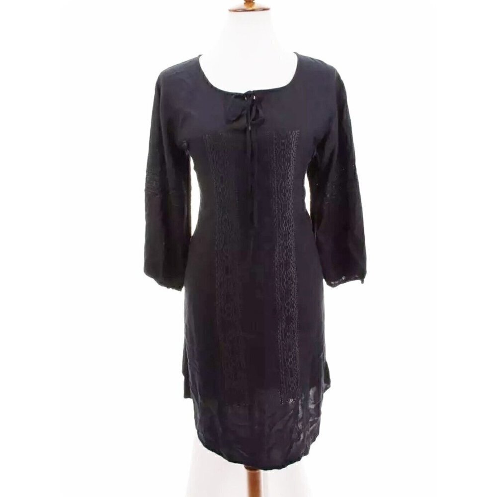 Solitaire Anthropologie Sz M Embroidered Shift Tunic Dress Navy Blue